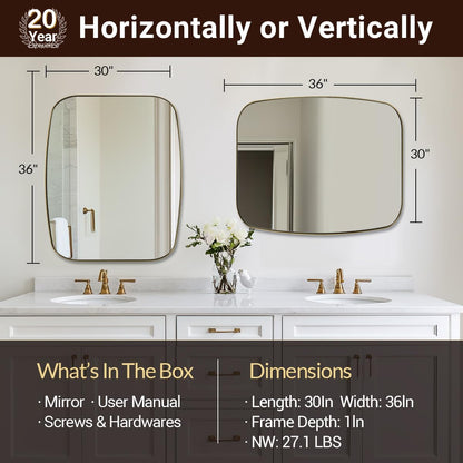 ANDY STAR 30x36” Gold Bathroom Mirror, Oblong Brass Mirror with Stainless Steel Metal Frame, Brushed Gold Oval Vanity Mirror for Over Sink, Modern Anti Rust Wall Mounted