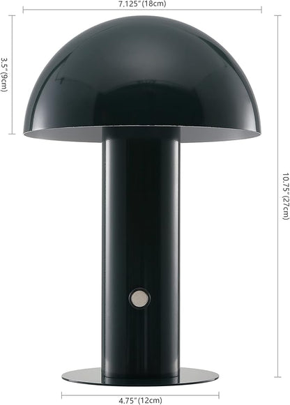JONATHAN Y 10.75" Forest Green Rechargeable LED Mushroom Table Lamp, Cordless Portable Bedside Lamp for Living Room Bedroom, 3-Way Dimmable Modern Iron Desk Light, Metal Shade (JYL7115D)