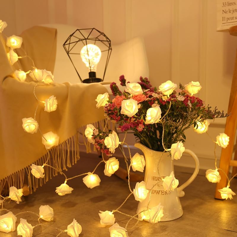 Everlasting Splashes LED Rose Flower Fairy String Lights Battery Operated Warm Flashing Light Romantic Proposal Wedding Birthday Christmas Thanksgiving DIY Indoor Outdoor Decorations (Red&Soft White)