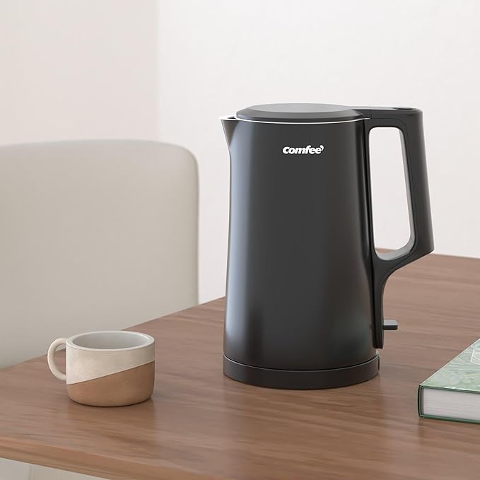 COMFEE' 1.7L Double Wall Electric Tea Kettle and Kettle Water Boiler, 100% Stainless Steel Interior & Lid & Spout, Two-Level Wide Open Lid, 1500W Fast Boiling, Auto-Off and Boil-Dry Protection
