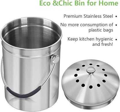 Compost Bin Countertop, Composter Bucket with Lid Abakoo 1.6 Gallon Stainless Steel Kitchen Waste Pail Plus 4pcs Bonus Charcoal Filters Clean & Odor Free
