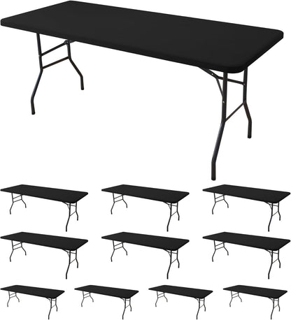 Fitted Tablecloth for 8 Foot Rectangle Tables-10 Pack Black Elastic Outdoor Picnic Table Cover-Spandex Stretch Folding Table Cloths 8ft for Camping Dining Room Patio Kitchen Banquet Party