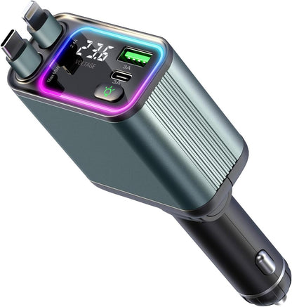 4 in 1 Retractable Car Charger with RGB Light, 92W Fast Charging USB C Car Adapter, Compact Car Phone Charger for iPhone/Galaxy/Pixel, Car Accessories for Women Men (Lightning + Type C Cable)