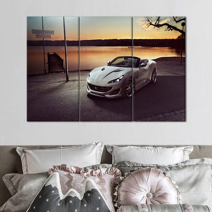TUMOVO 3 Pieces Wall Art Landscape and White Sports Car Painting The Picture Print On Canvas Racing Car Pictures for Home Decor Decoration Gift Piece 40 x 20inch x 3 Panels