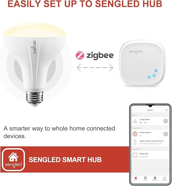 Sengled Zigbee BR30 Smart Bulb, Works with SmartThings and Echo with Built-in Hub, Voice Control with Alexa and Google Home, Hub Required, Dimmable Flood Light Bulb, Soft White 2700K, 2 Pack