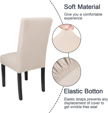 JQinHome 6 Pcs Dining Chair Slipcover,High Stretch Removable Washable Chair Seat Protector Cover for Home Party Hotel Wedding Ceremony (Beige White)