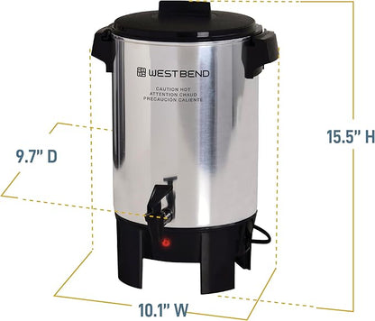 West Bend Coffee Urn Highly-Polished Aluminum Features Automatic Temperature Control with Cup Per Minute Brewing and Easy Clean Up Includes In-Basket Measuring Guide and Ready Light, 30-Cup, Silver