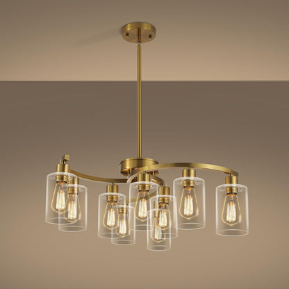 9-Light Gold Glass Chandelier, Adjustable Height Dining Room Light Fixtures Over Table, Contemporary Hanging Chandelier for Kitchen Island Living Room Foyer Office, Clear Glass Shade