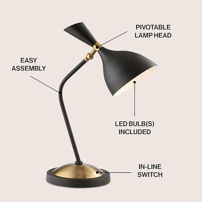 JONATHAN Y 21.5" Black/Gold Retro Mid-Century LED Table Lamp for Home Office, Adjustable Task Light with Black Iron Shade, Bedside Nightstand Lamp, LED Bulb Included JYL9065A