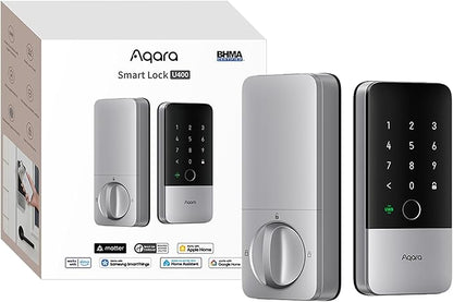 Aqara UWB Smart Lock U400, Matter Over Thread, Apple Home Key, Fingerprint Keyless Entry Deadbolt,Touchscreen Keypad, Rechargeable Battery, Supports HomeKit, Alexa, Google, Home Assistant, Silver