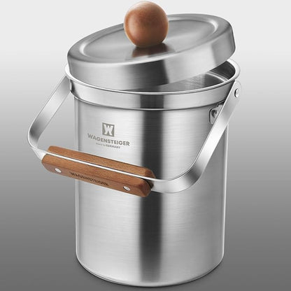 Kitchen Countertop Compost Bin 101ounces / 3Liters with Airtight Lid, SUS304 Stainless Steel Odor-Free Food Waste Bin with Wooden Handle Stylish Design/Bathroom Trash Can (Silver)