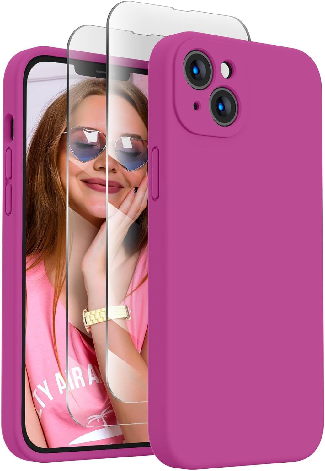 FireNova Designed for iPhone 13 Case, Silicone Upgraded [Camera Protection] Phone Case with [2 Screen Protectors], Soft Anti-Scratch Microfiber Lining Inside, 6.1 inch, Shocking Pink