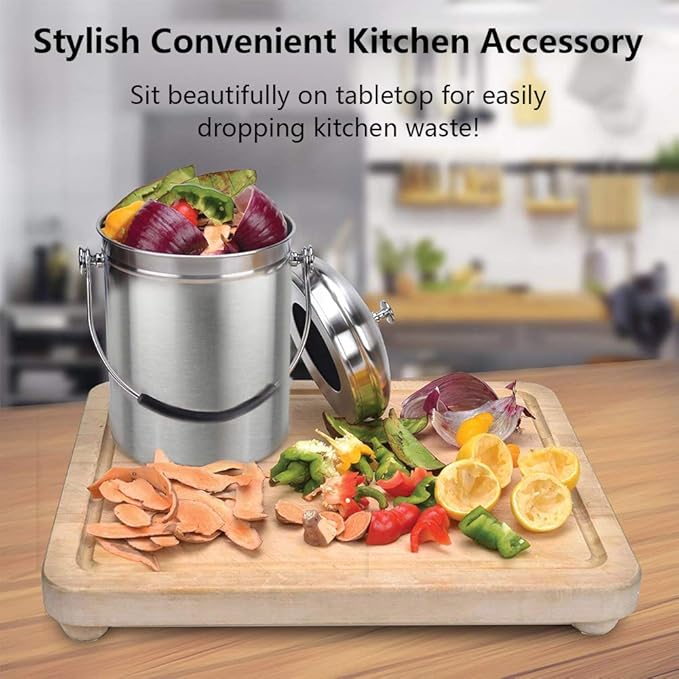 Compost Bin Countertop, Composter Bucket with Lid Abakoo 1.6 Gallon Stainless Steel Kitchen Waste Pail Plus 4pcs Bonus Charcoal Filters Clean & Odor Free