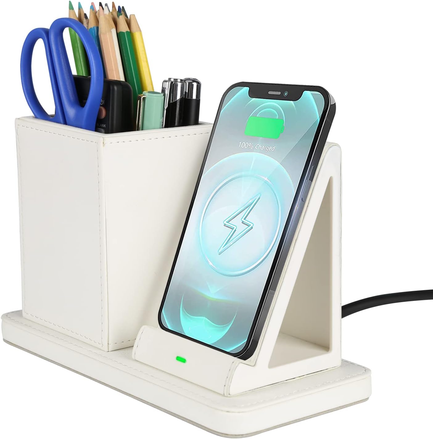 Wireless Charger with Desk Organizer, Wireless Charging Station for iPhone 14/14 Pro/13/12/11/Samsung Galaxy S23/S22/S21/S20/Note 20/Note 10, Charging Stand with Leather, White