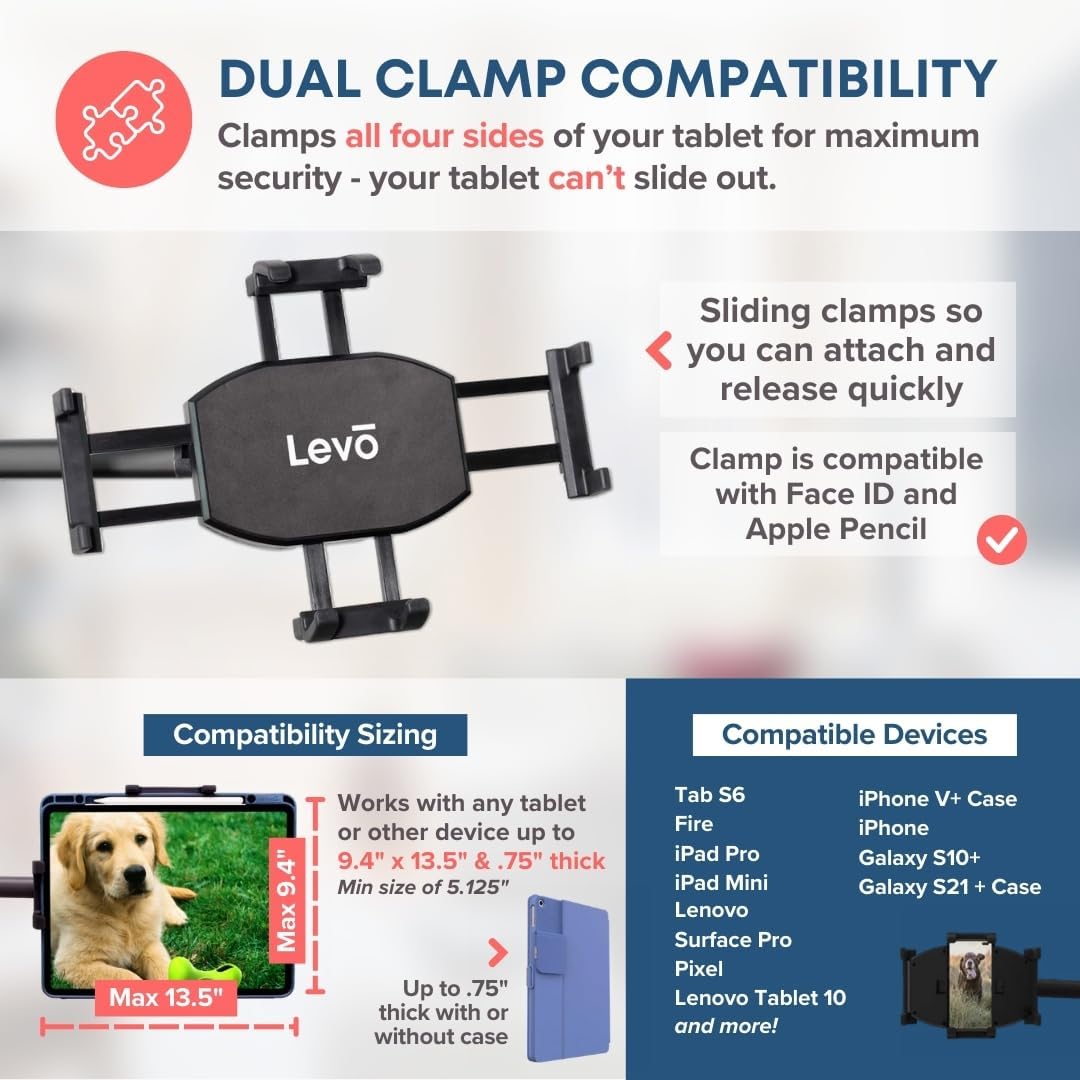 LEVO G2 Deluxe Premium Tablet Floor Stand with Long Extension Arm – Adjustable Rolling iPad Holder & Mobile Cart for Bed, Sofa, or Office–Ergonomic 5-Axis Arm, 30–56″ Height, Fits up to 13.5″ Devices