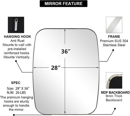 ANDY STAR Chrome Bathroom Mirror, 28x36 Inch Stainless Steel Metal Frame Oblong Bathroom Mirror for Vanity, 1’’ Deep Wall Mounted Vertically/Horizontal