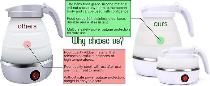 Foldable Electric Kettle, Upgraded Food Grade Silicone,600W 600ML Flash Heat Small Portable Travel Electric Kettle,110V US Plug (Pure White)