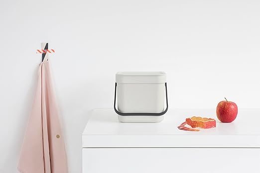 Brabantia Sort & Go Kitchen Countertop Food Scraps Compost Bin | XS / 1.6 Gal / 6L | Light Gray | Removable Stay-Open Lid, Carry Handle, Easy-Clean Recycling Box | Wall-Mounting Bracket Included