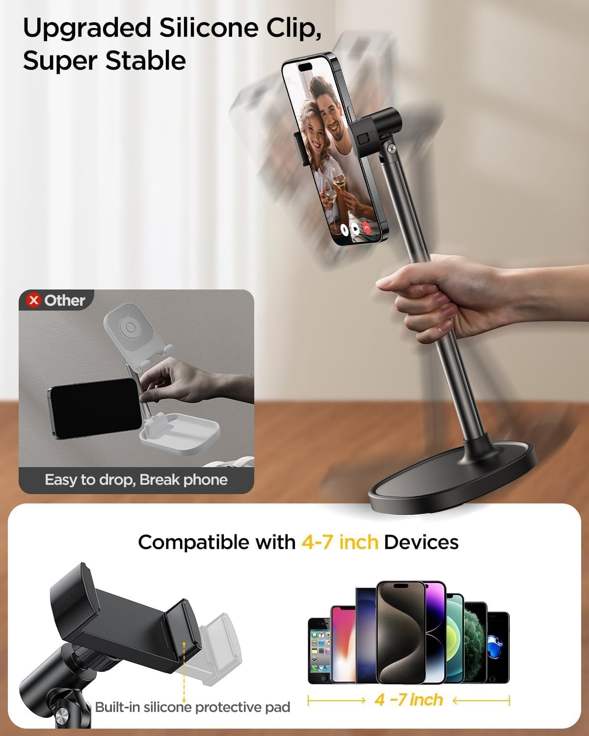 DIMONCOAT Phone Stand for Desk, Angle Height Adjustable Phone Holder for Desk, Aluminum Alloy Universal iPhone Holder, Retractable Cell Phone Stand Recording Office for iPhone 16 15 Pro Max Plus