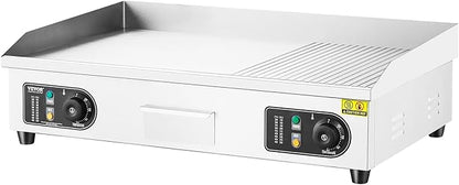 VEVOR Upgraded Commercial Electric Griddle, 2800W Countertop Half-Flat Top Grill, 122℉-572℉ Adjustable Temp, 29'' Stainless Steel Griddle Grill for Home or Restaurant(No Plug)