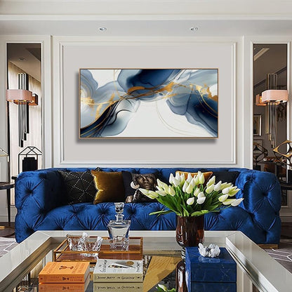 HUADAOART Wall Art Abstract Painting Modern Art Gold and Blue Background Canvas Prints Pictures for Living Room Bedroom Artwork Home Decor Framed 20x40inch (Blue)