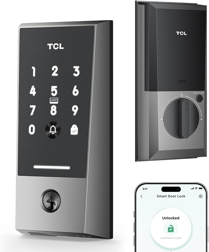 TCL Smart Lock D2 - Keyless Entry Door Lock, Built-in Wi-Fi, Touchscreen Keypad, App Remote Control, Easy Installation, No Bridge Required, IP54 Waterproof (Dark Grey)