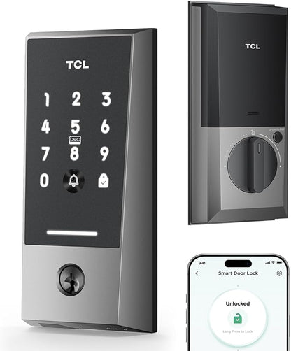 TCL Smart Lock D2 - Keyless Entry Door Lock, Built-in Wi-Fi, Touchscreen Keypad, App Remote Control, Easy Installation, No Bridge Required, IP54 Waterproof (Dark Grey)