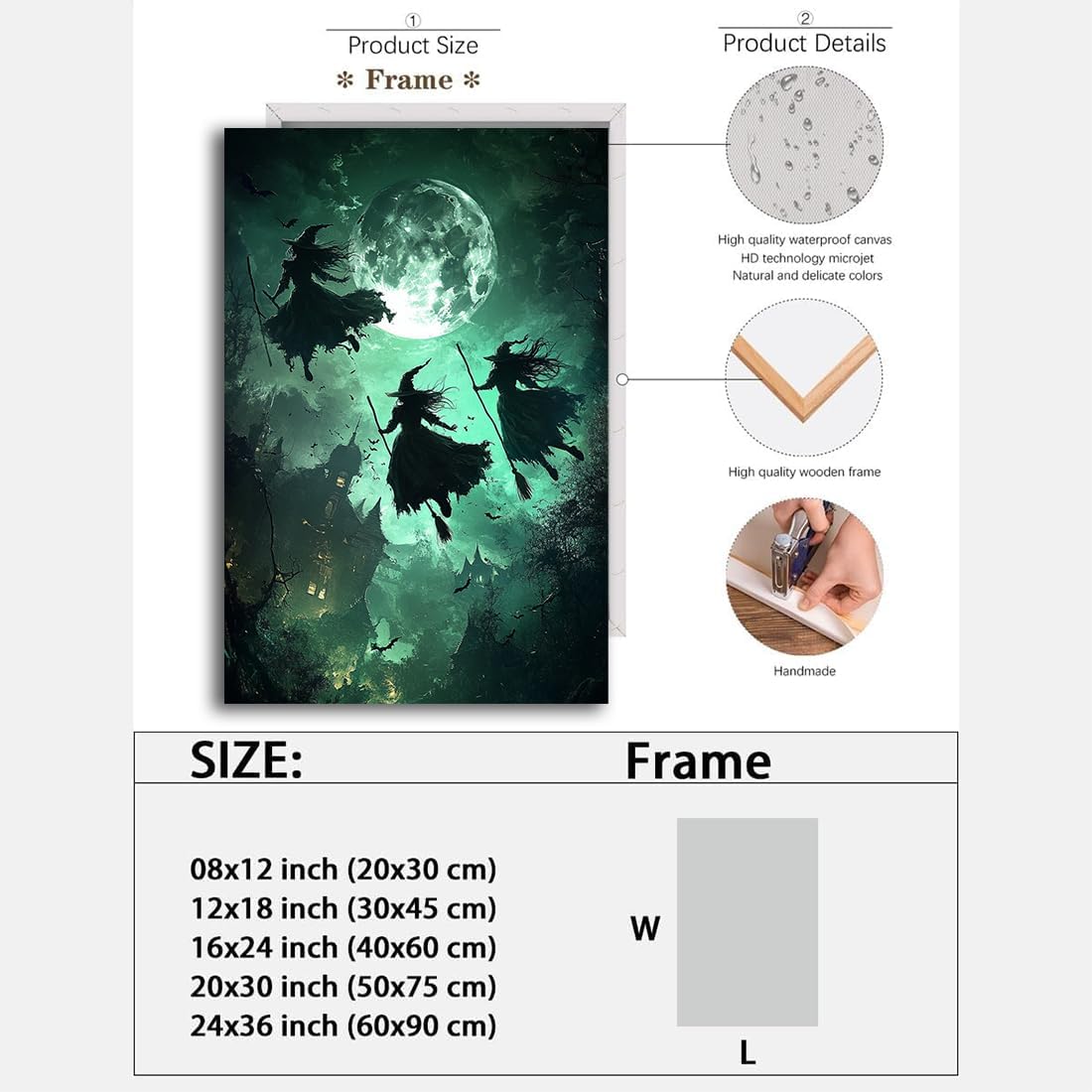 Flying Three Witches Halloween Canvas Wall Painting,Witches on Broom Under Full Moon Castle Victorian Decoration Haunted House Retro Poster for Living Room Bedroom Gallery,20"x30" Framed