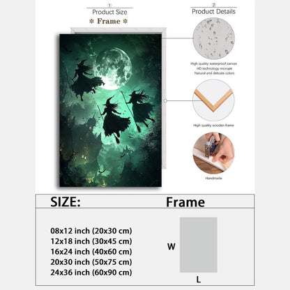 Flying Three Witches Halloween Canvas Wall Painting,Witches on Broom Under Full Moon Castle Victorian Decoration Haunted House Retro Poster for Living Room Bedroom Gallery,8"x12" Framed