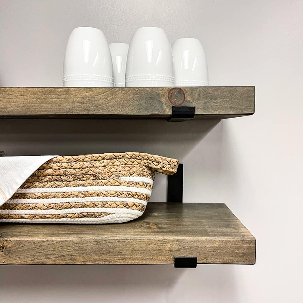 Rustic Shelves with J-Brackets Set of 2, Industrial Shelf, Kitchen Shelves, Solid Wood, Decorative Wall Storage, Heavy Duty, URBANDI (Grey, 36Wx6D)