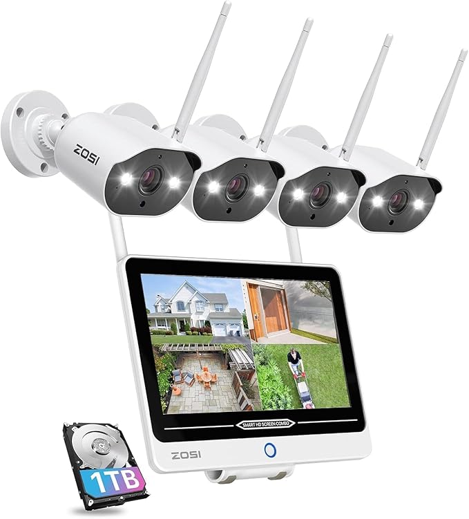 ZOSI 8CH 2K Wi-Fi 6 Security Camera System with 12'' LCD Monitor,4pcs 3MP Plug-in WiFi Cameras Indoor Outdoor,AI Person Detection,Color Night Vision,2 Way Audio,1TB HDD for Home 24/7 Recording