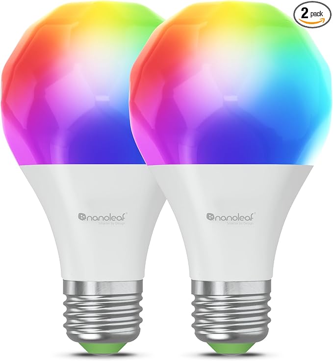 Nanoleaf Essentials Smart Light Bulbs, Matter Smart LED Bulbs Work with Alexa & Google Home, 1000lm 16M+ RGBTW Color Changing Light Bulb, Music Sync A19 E26 2.4GHz WiFi Bluetooth Light Bulb 60W, 2PK
