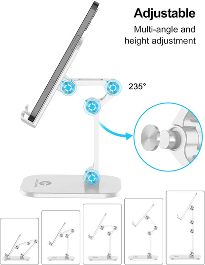 OCYCLONE Phone Stand, Adjustable Height and Angle Foldable Cell Phone Stand Holder for Desk, Taller iPhone Stand Compatible with 4.7"-13" Smartphones iPad Tablet, White