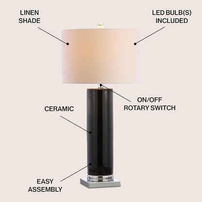 JONATHAN Y 31.5" Black/Chrome Ceramic Table Lamp with Chrome Base for Living Room, White Linen Drum Shade, Modern Bedside Lamp for Bedroom Office Nightstand, LED Bulb Included (JYL8021B)