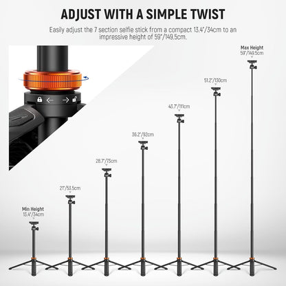 NEEWER Basics 59" Selfie Stick Tripod Compatible with iPhone DLSR Canon Sony Camera, Small Metal Portable Travel Desk Stand for Video Recording Filming, TS04