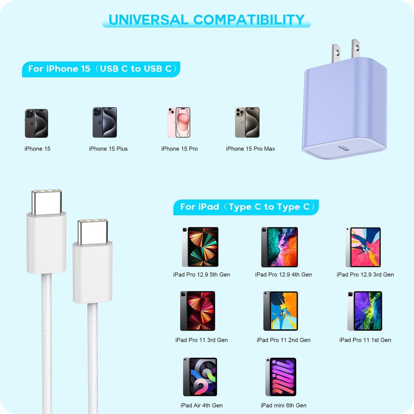 Apple iPhone 16 15 Charger Fast Charging [Apple MFi Certified]3Pack 20W USB Type C Charging Block with Long 6 FT Fast Charging Cable for iPhone 16/16 Pro/Pro Max,iPhone 15/15 Pro Max/Plus/iPad(Purple)