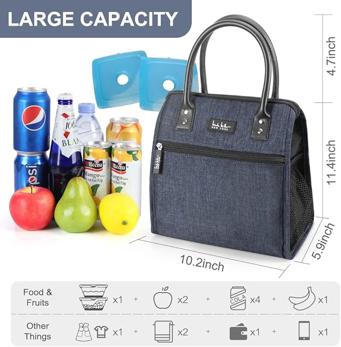 Nicole Miller Insulated Lunch Bag Tote Thermal Soft Side Wide-Open Cooler Ice Bag Lunch Box for Food with Drink Bottle Holder