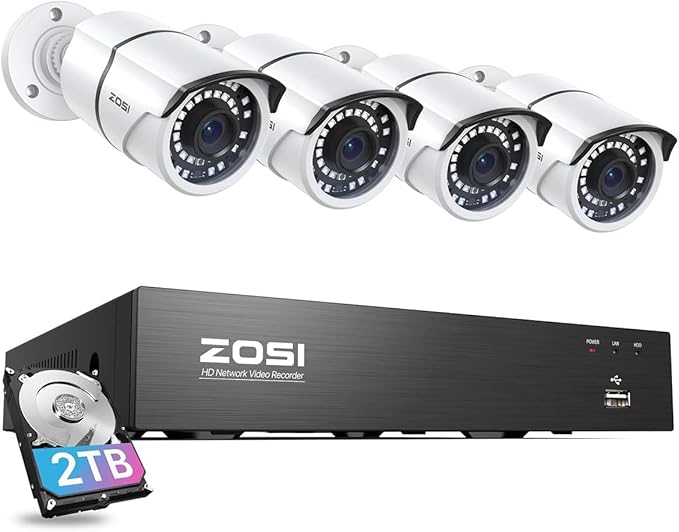 ZOSI 8CH 4K PoE Home Security Camera System, 8 Ports 16CH 8MP NVR with 2TB HDD, 4pcs 5MP Indoor Outdoor PoE Cameras, 120ft Night Vision, 24/7 Recording, Remote Access