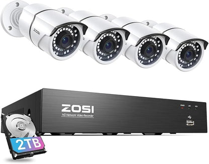 ZOSI 8CH 4K PoE Home Security Camera System, 8 Ports 16CH 8MP NVR with 2TB HDD, 4pcs 5MP Indoor Outdoor PoE Cameras, 120ft Night Vision, 24/7 Recording, Remote Access