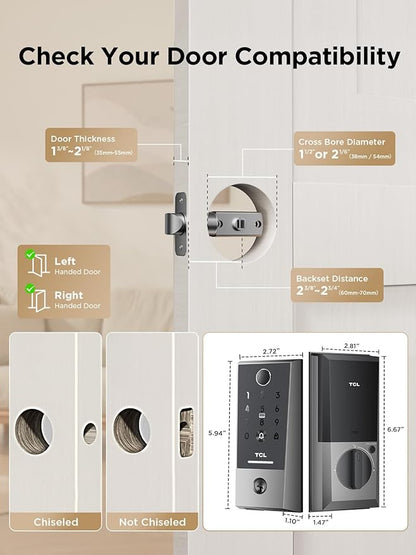 TCL Smart Lock D2 Plus, Fingerprint Door Lock with Keyless Entry Security Electronic Deadbolt for Front Door, Built-in Doorbell, Compatible with Alexa, Auto Lock, Easy Install