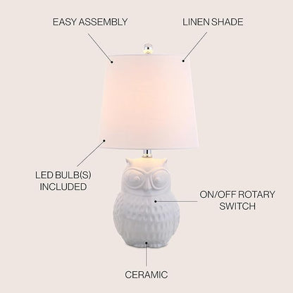 JONATHAN Y 20.5" White Ceramic Owl Table Lamp, Whimsical Cottage Bedside Nightstand Light for Living Room Nursery, White Linen Drum Shade, UL Listed, LED Bulb Included JYL1026A