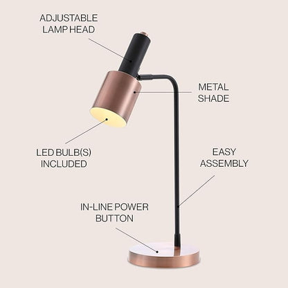JONATHAN Y 22" Black/Copper Metal LED Task Table Lamp, Mid-Century Modern Desk Lamp for Home Office, Curved Iron Pedestal, UL Listed, LED Bulb Included JYL6101A