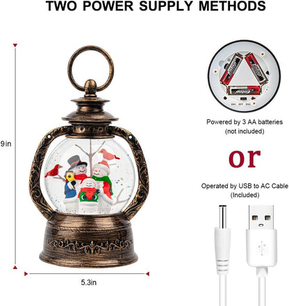 Christmas Snow Globe Lantern Water Glittering Snowman with Music, USB Lined/Battery Operated Lighted Lantern for Christmas Festival Decoration Gifts