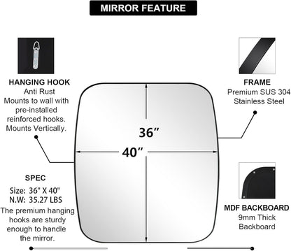 ANDY STAR Black Oblong Mirror, 36x40 Inch Black Oval Mirror for Bathroom with Stainless Steel Metal Frame, Wall Mouned for Bathroom, Living Room, Entryway