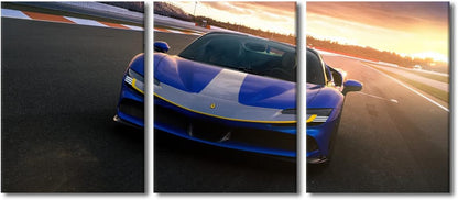 Wall Art for Living Room Large Size Blue Sports Car at Sunset Skyline Office Wall Decor Canvas Prints Super Car Speed Car Modern Artwork for Bedroom 3 Panels Bathroom Framed Ready to Hang, 36"Wx16"H