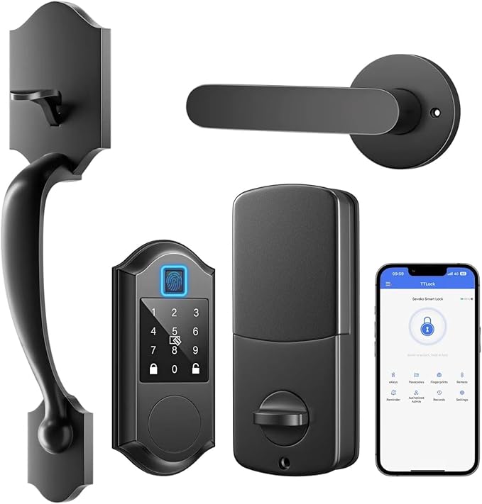 Smart Front Door Lock with Fingerprints, 2 Keys & 4 Cards, Front Door Lock Set Keyless Entry, Smart Locks for Front Door, Keypad Deadbolt with Handle, APP Control, Auto Lock, Matte Black