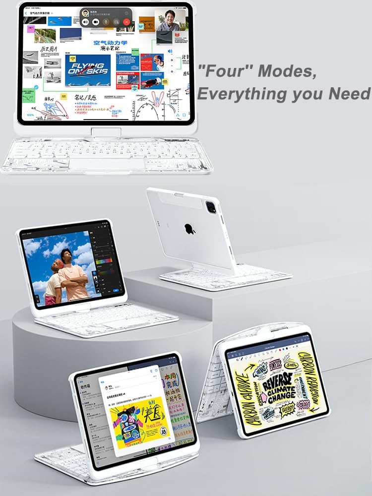 KARTICE Transparent 360 Keyboard Case with Wireless Keyboard for iPad Air 11 Inch 2024, 10.9" iPad Air 5th/4th, 11" iPad Pro 4/3/2/1 360° Rotating Stand