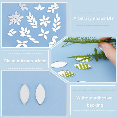 OLYCRAFT 150pcs Leaf Shape Craft Mirrors Mosaic Tiles 11x25mm Petal Mini Glass Mirror Tiles Leaf Cabochons Flower Leaves for DIY Crafts Art Wall Door Home Decorations