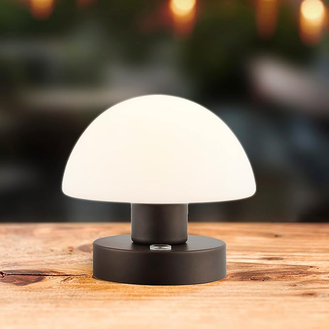 JONATHAN Y 5.75" Oil Rubbed Bronze Rechargeable Portable LED Table Lamp, Cordless Mushroom Accent Light for Bar, Nightstand, with Frosted White Glass Shade JYL7113A