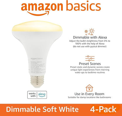 Amazon Basics Smart BR30 LED Light Bulbs for Bedroom Living Room, Dimmable Soft White (2700K), 9W (60W Equivalent), 800LM, Voice Control, Works with Alexa Only, 2.4 GHz Wi-Fi, No Hub Required, 4-Pack